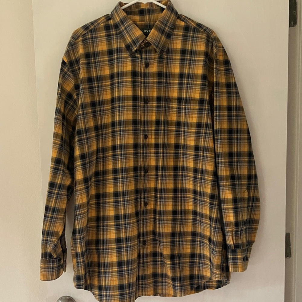 Orvis Men's Yellow and Blue Plaid Shirt
